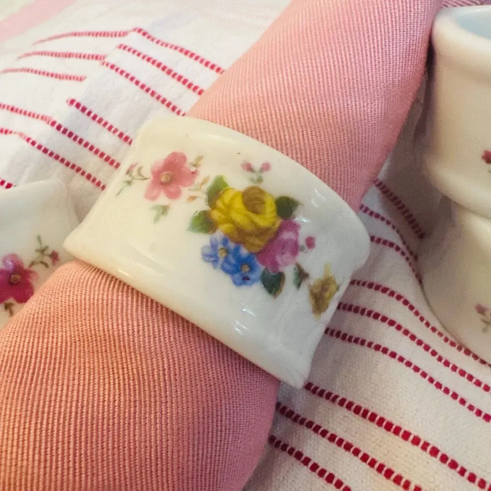 Vintage Porcelain Napkin Rings Hand Painted Floral Design Set of 4
